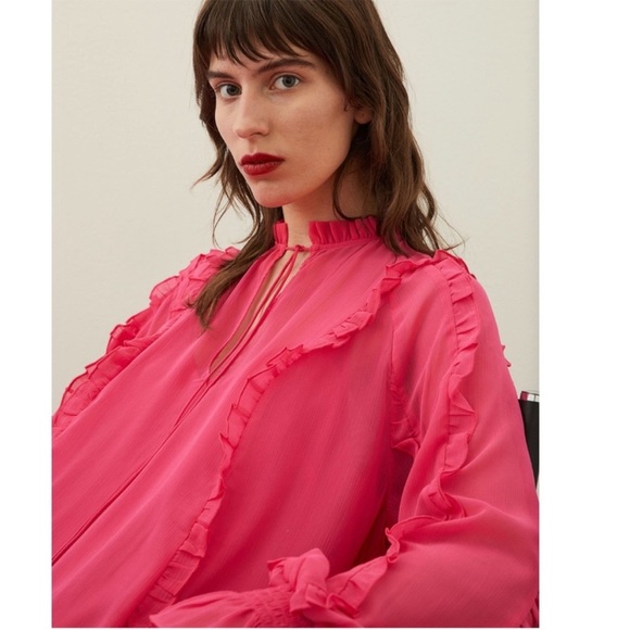 H&M Modest Chiffon Maxi Dress Cerise Pink A-Line Long Sleeve Ruffles XS - Picture 5 of 13